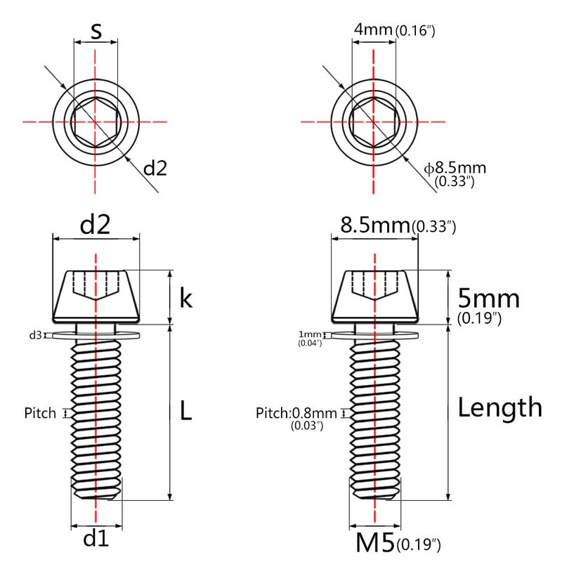 Wanyifa Titanium M5x20mm with Washer Allen Hex Tapered Bolts Screw for Bicycle Stem Pack of 6 (Black) - Image 2
